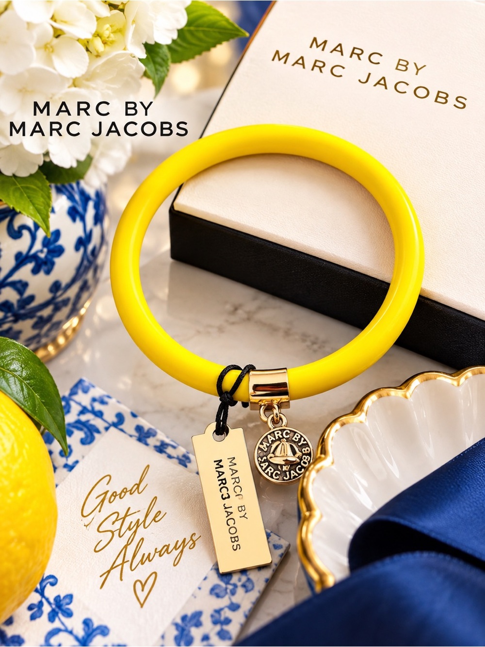 Marc by Marc Jacobs Yellow Bangle Bracelet with Logo Charm NWT $68 MSRP